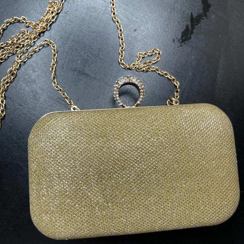 Gold Glitter Rectangle Clutch with Chain Strap
